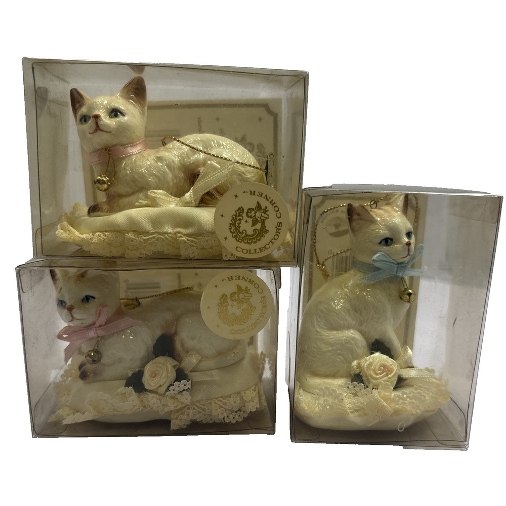 Set of 3 Vtg Kurt S Adler Kitty Cat Christmas Ornament 3.5" Porcelain W/box 1989